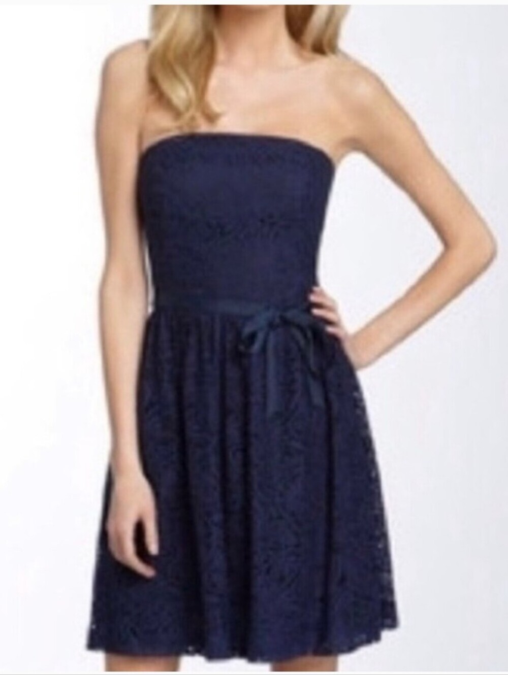 Trina Turk Navy Blue Strapless Lace Fit & Flare Mini Dress Sz 4 Cocktail Party